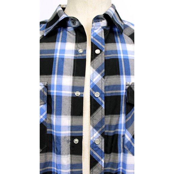 Coevals Club Men Sz L Plaid Western Shirt Pearl Snap Button Blue Black White - Picture 3 of 11